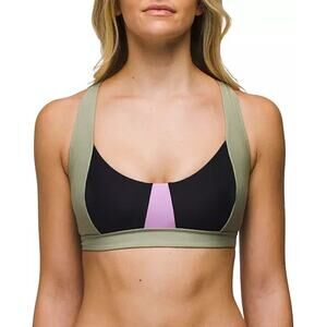 Prana Tulum Swim Top Women's L Black Color Block Bikini Sporty Crisscross Back